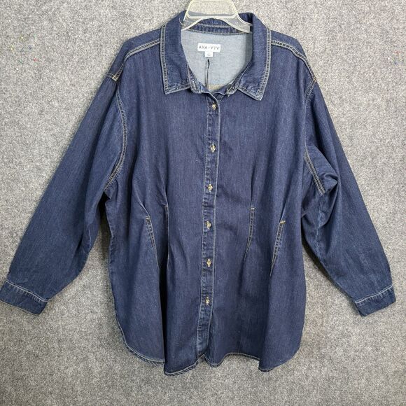 AVA & VIV Long Sleeve Denim Shacket Shirt Fitted Women 3X Dark Wash Button Darts - Picture 1 of 13